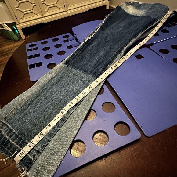 MNML 118 Work Flare Denim Mens Size 32x34 Distressed Patch Jeans 100% Cotton - Picture 13 of 15